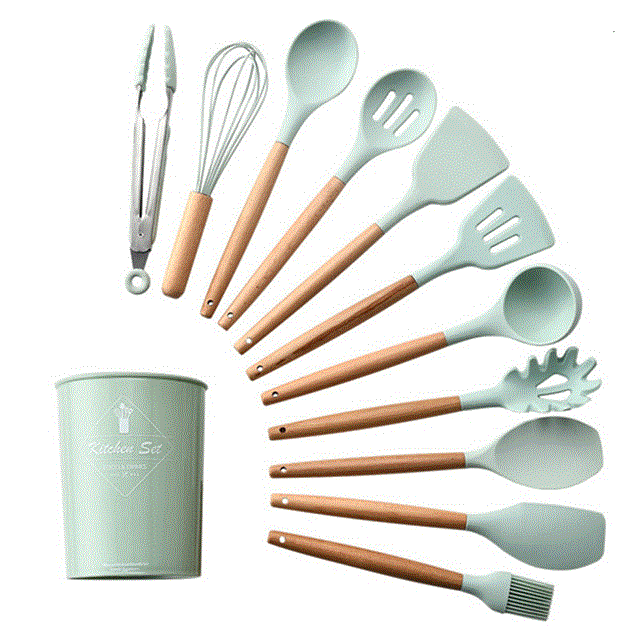 2021 High quality 12pcs Kitchen Utensil Set High Quality Silicone Cooking Tools Set Household Wooden Handle