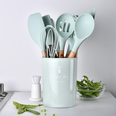 2021 High quality 12pcs Kitchen Utensil Set High Quality Silicone Cooking Tools Set Household Wooden Handle