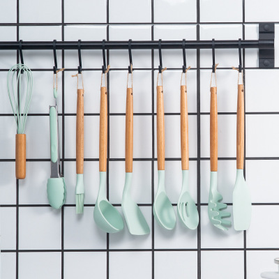 2021 High quality 12pcs Kitchen Utensil Set High Quality Silicone Cooking Tools Set Household Wooden Handle