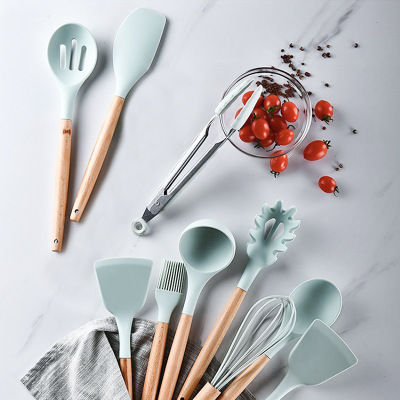 2021 High quality 12pcs Kitchen Utensil Set High Quality Silicone Cooking Tools Set Household Wooden Handle