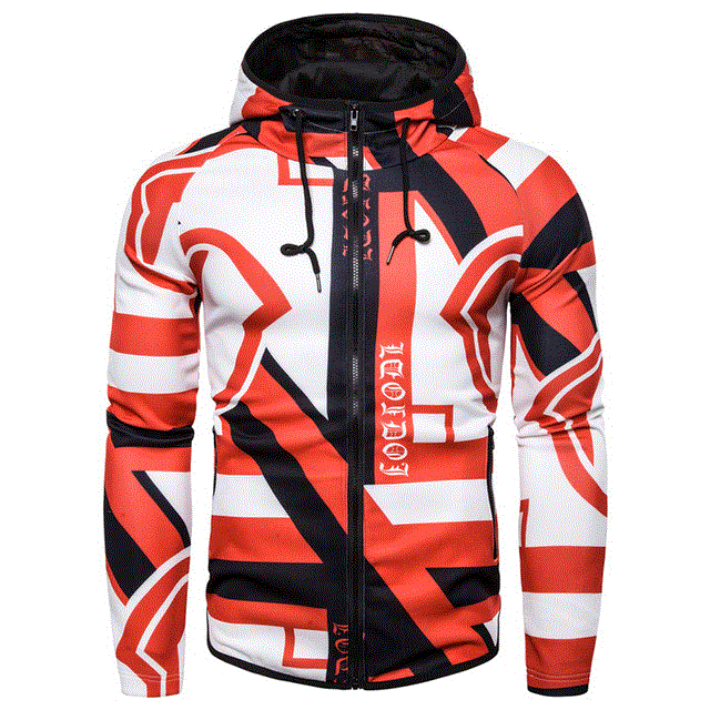 2021 High quality Geometric Print Hoodies Men Zipper Hooded Sweatshirt Male Harajuku Patchwork Pullover