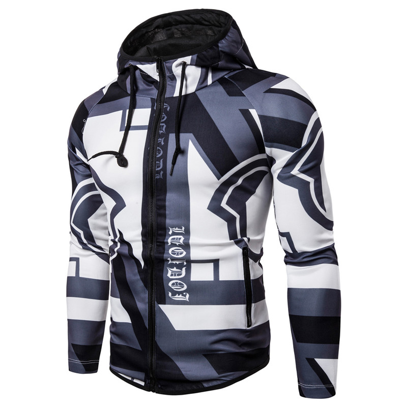 2021 High quality Geometric Print Hoodies Men Zipper Hooded Sweatshirt Male Harajuku Patchwork Pullover