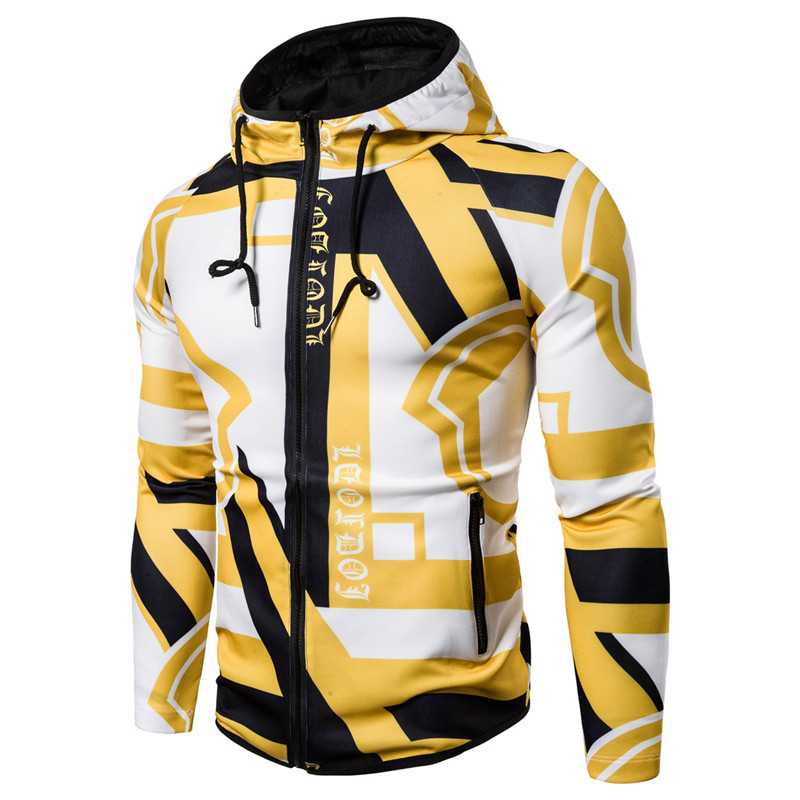 2021 High quality Geometric Print Hoodies Men Zipper Hooded Sweatshirt Male Harajuku Patchwork Pullover