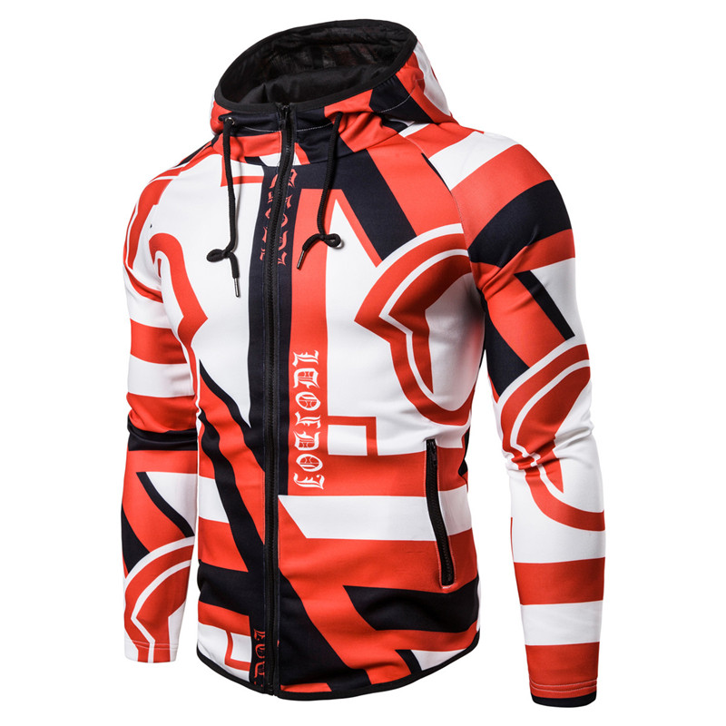 2021 High quality Geometric Print Hoodies Men Zipper Hooded Sweatshirt Male Harajuku Patchwork Pullover