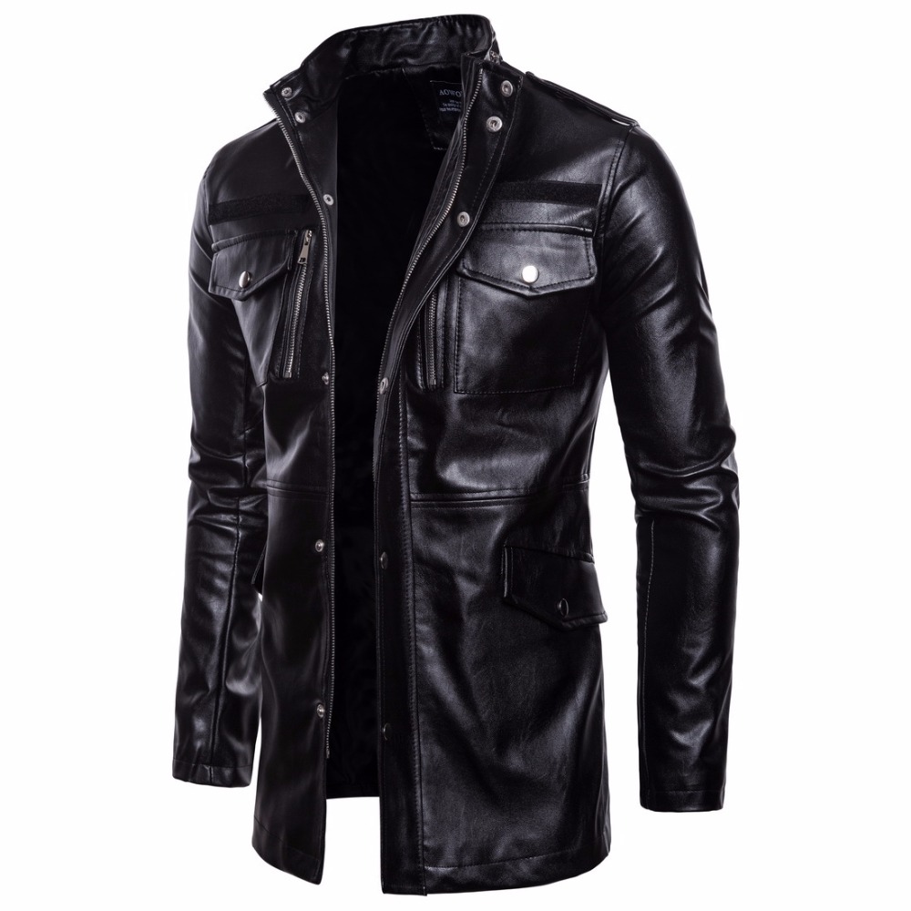 2021 High quality Men's Mid Long Leather Jacket Male Windbreaker Outwear Over Size M-5XL