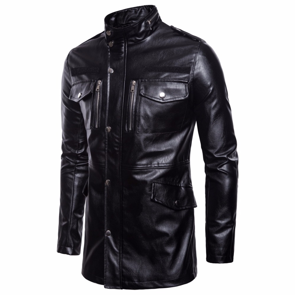 2021 High quality Men's Mid Long Leather Jacket Male Windbreaker Outwear Over Size M-5XL