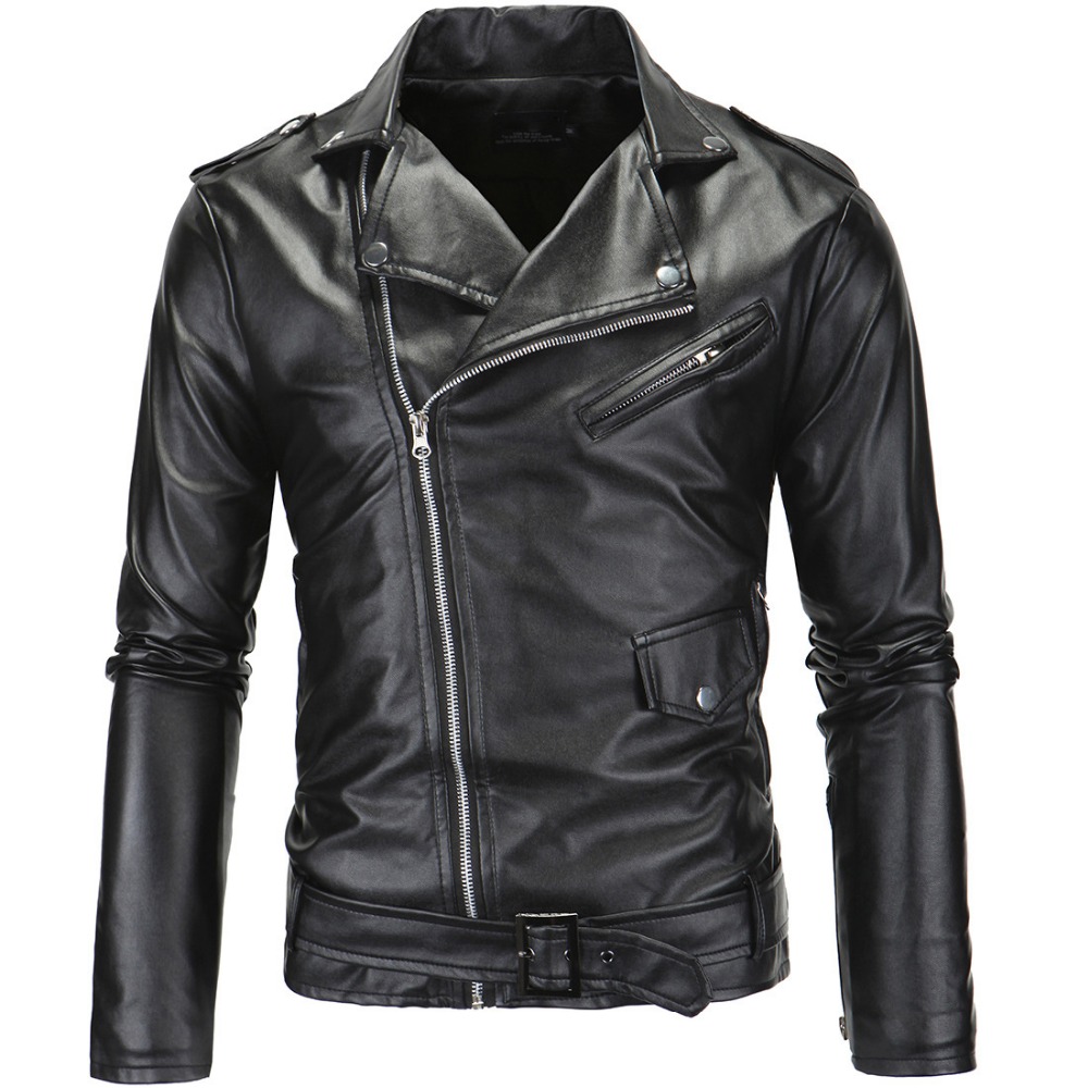 2021 High quality Casual Slim Men's Leather Jacket Zipper Solid Color Turn-down Collar Male Motorcycle Jacket