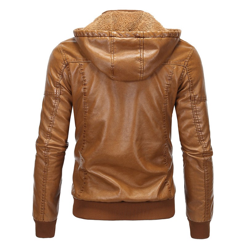 2021 High quality Winter Mens Brown Leather Bomber Jackets Hooded Warm Faux Sheepskin Motorcycle Coats