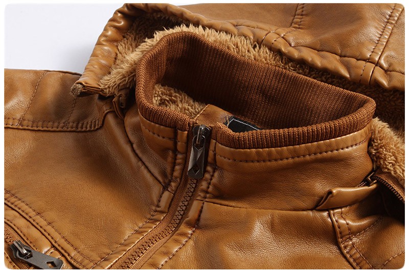 2021 High quality Winter Mens Brown Leather Bomber Jackets Hooded Warm Faux Sheepskin Motorcycle Coats