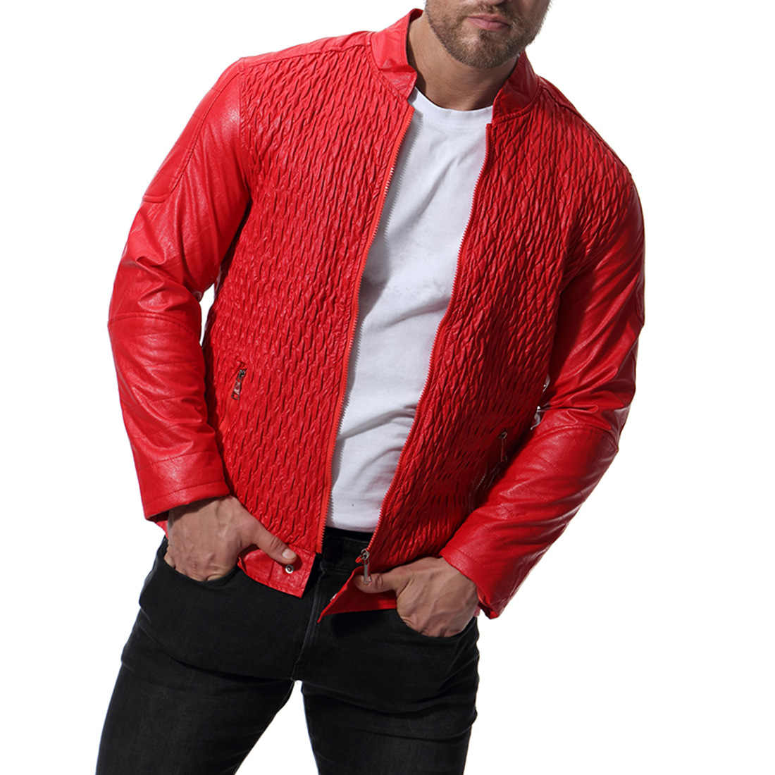2021 High quality Men Motorcycle Leather Jackets Fashion Plaid PU Outerwear Biker Leather Jacket Over Size