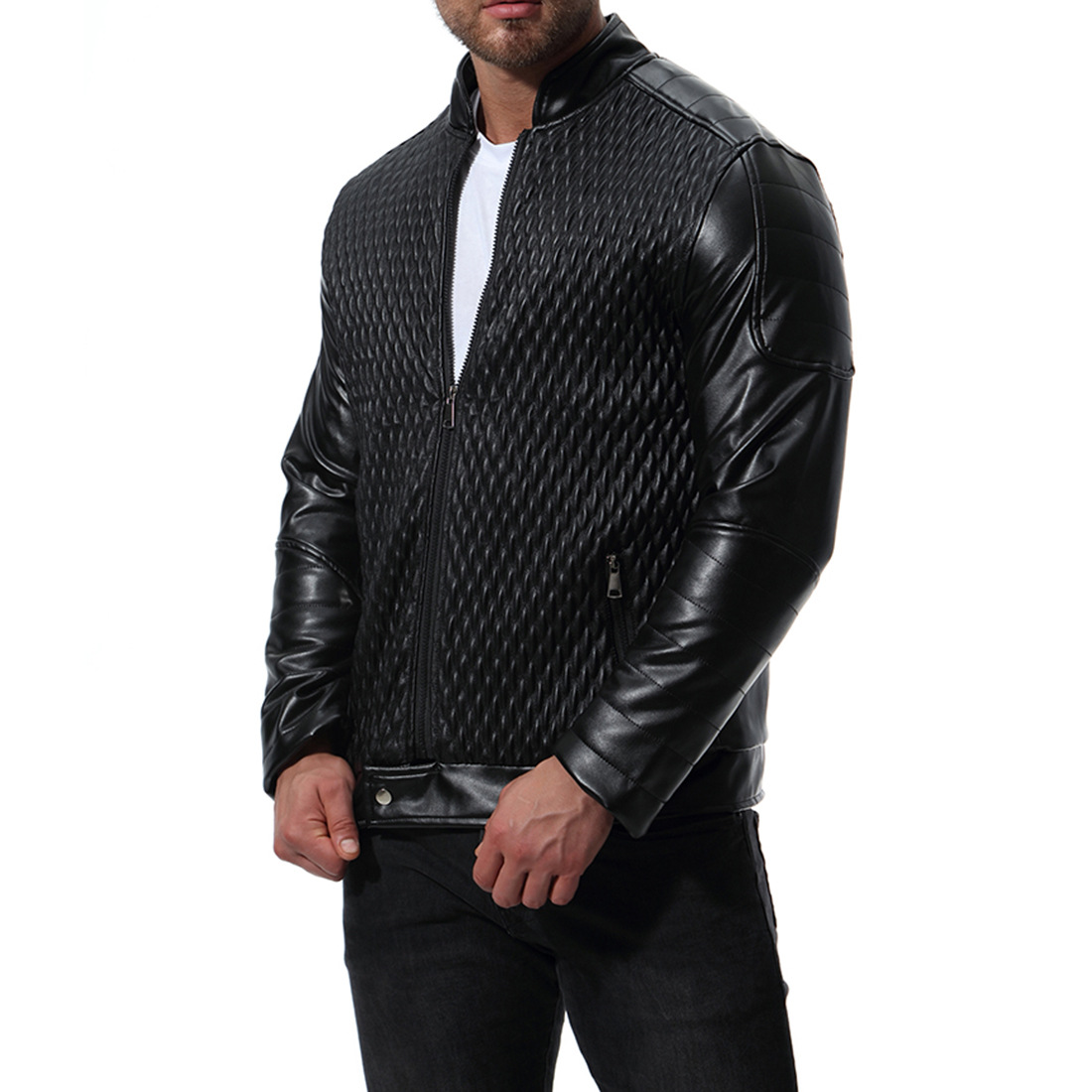 2021 High quality Men Motorcycle Leather Jackets Fashion Plaid PU Outerwear Biker Leather Jacket Over Size