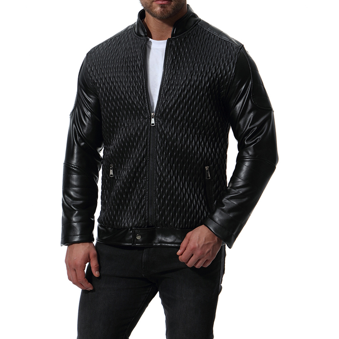2021 High quality Men Motorcycle Leather Jackets Fashion Plaid PU Outerwear Biker Leather Jacket Over Size