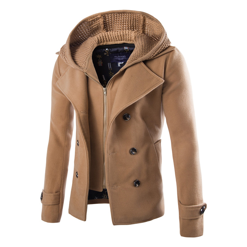 2021 High quality Men Woolen Jacket Camel Detachable Hat Hoodie Homme Overcoat Warm Slim Coat