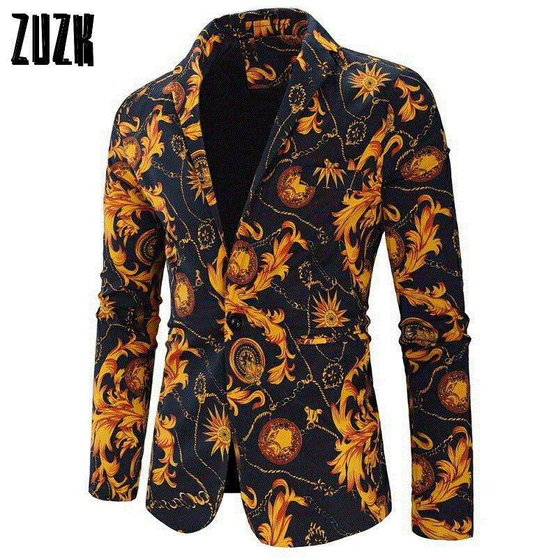 2021 High quality Fashion Men Floral Printing Blazer Slim Party Single Breasted Suit Jacket Long Sleeve Coat