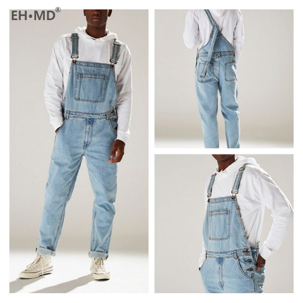 2021 High quality One-Piece Jeans Men's Seasonal Large Pockets Pure Cotton Sky Blue Stretch Straight Trousers