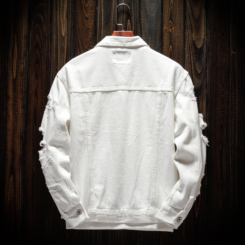 2021 High quality Spring autumn New Men's Jean Jacket Slim Fit Cotton Denim Jacket White Ripped Hole Jean Coats
