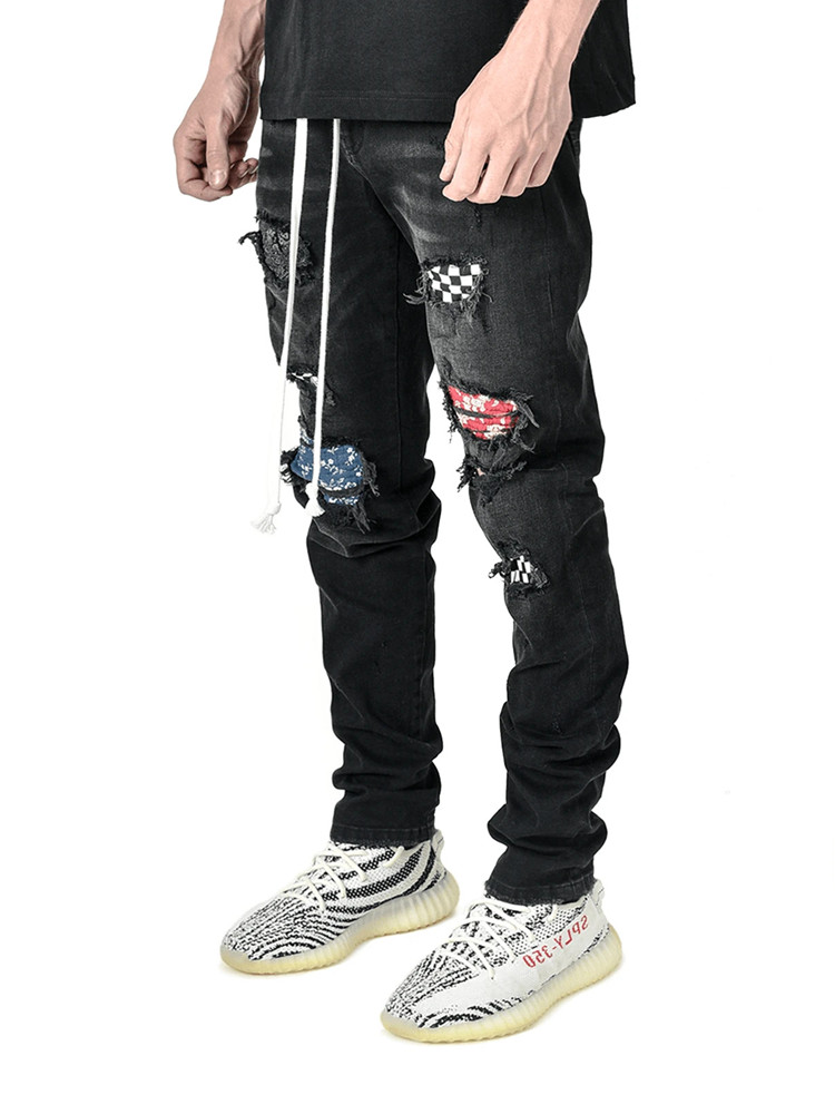 2021 High quality Fashion Men Skinny tousers  Grid Patchwork Stretch Denim Pants Elastic Hip-Hop Jogging Pencil Pants