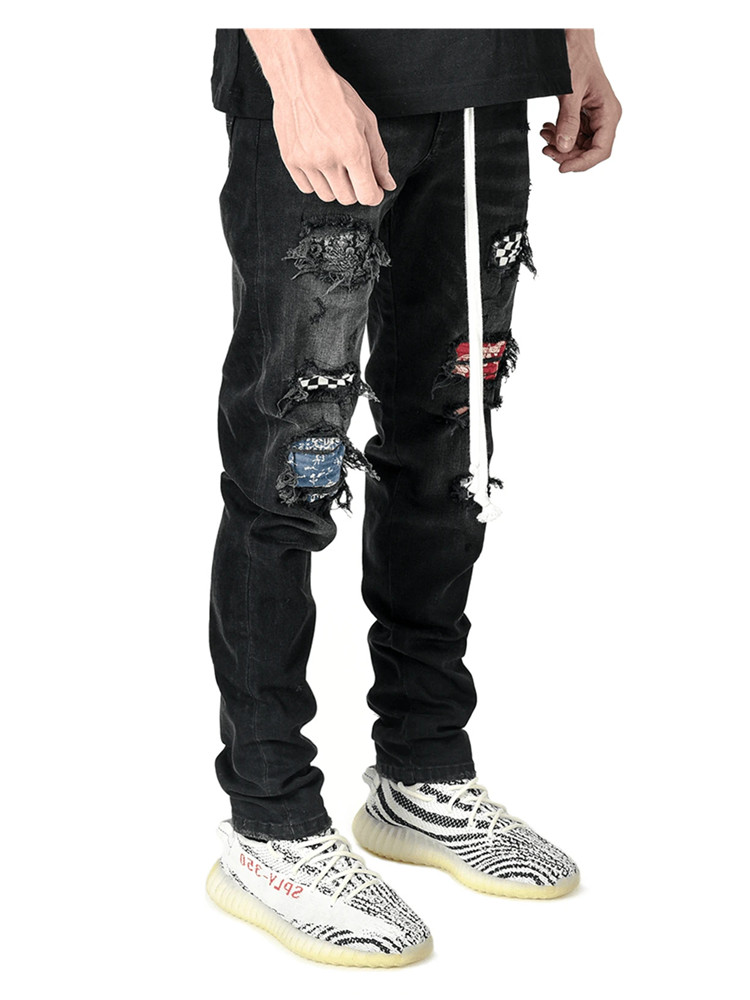 2021 High quality Fashion Men Skinny tousers  Grid Patchwork Stretch Denim Pants Elastic Hip-Hop Jogging Pencil Pants