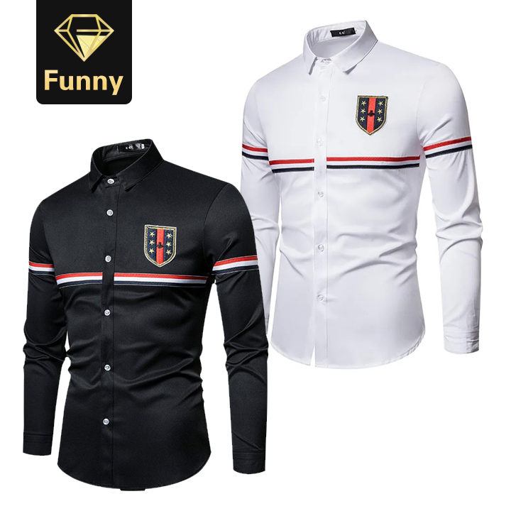 2021 High quality Shirts Men Dress New Long Sleeve Slim Fit Social Masculino Striped Patchwork