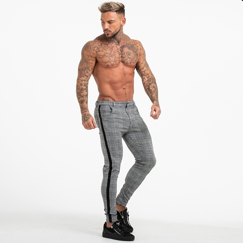 2021 High quality Summer Men Slim Fit Striped Joggers Casual Sweatpant Trousers Men Plaid High Elastic Pencil Trousers
