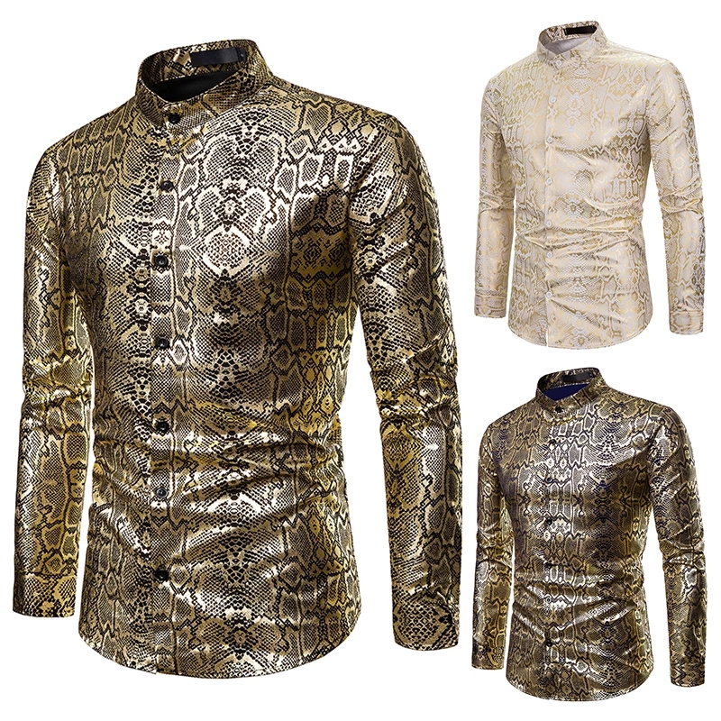 2021 High quality Men Luxury Black Gold Bronzing Printed Slim Long Sleeve Casual Shirts Nightclub party Prom Shirts