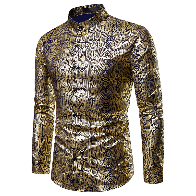 2021 High quality Men Luxury Black Gold Bronzing Printed Slim Long Sleeve Casual Shirts Nightclub party Prom Shirts