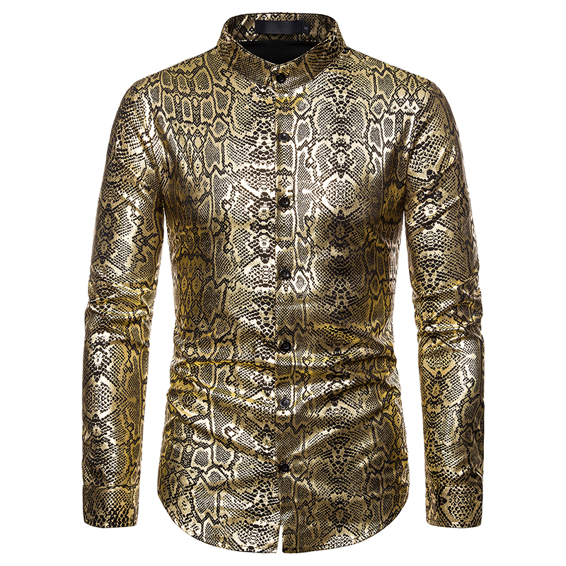 2021 High quality Men Luxury Black Gold Bronzing Printed Slim Long Sleeve Casual Shirts Nightclub party Prom Shirts