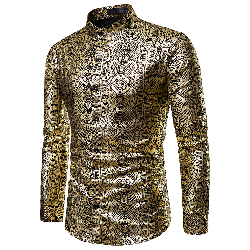 2021 High quality Men Luxury Black Gold Bronzing Printed Slim Long Sleeve Casual Shirts Nightclub party Prom Shirts