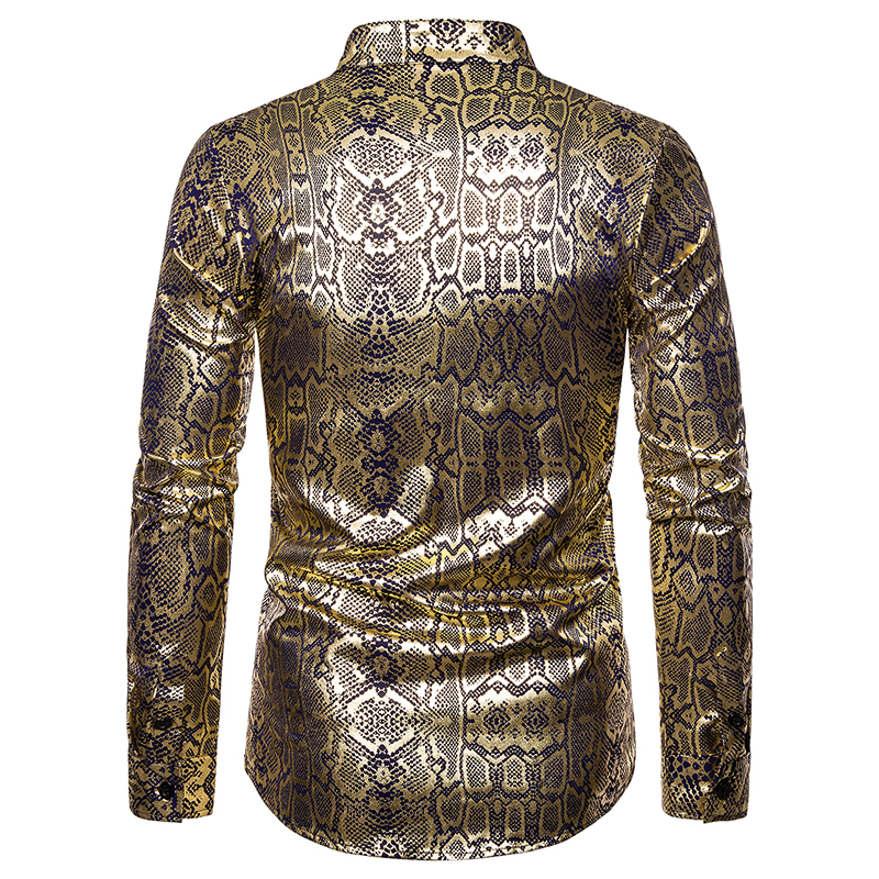 2021 High quality Men Luxury Black Gold Bronzing Printed Slim Long Sleeve Casual Shirts Nightclub party Prom Shirts