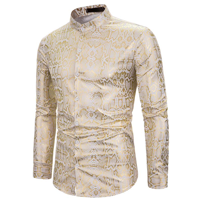 2021 High quality Men Luxury Black Gold Bronzing Printed Slim Long Sleeve Casual Shirts Nightclub party Prom Shirts