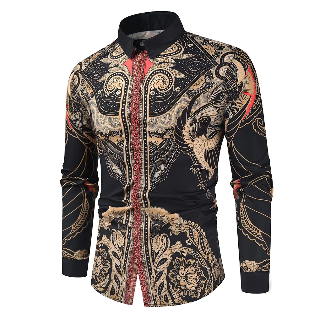2021 High quality Print Fashion Show Vintage Shirts Men Masculina Slim Fit Club Party Prom Printed Mens Chemise