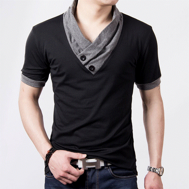 2021 High quality Plus Size Summer Mens T-Shirts Fashion Slim Short Sleeve Patchwork V Neck Cotton Men Black T-Shirt