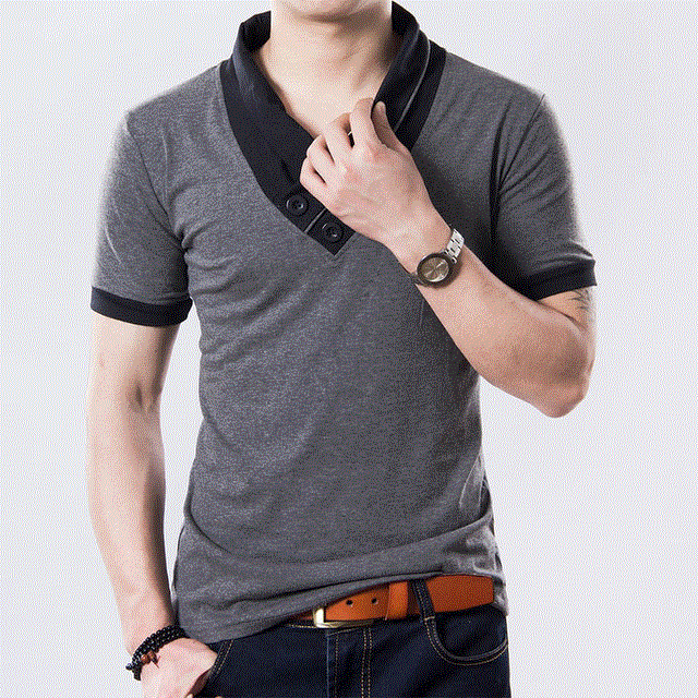 2021 High quality Plus Size Summer Mens T-Shirts Fashion Slim Short Sleeve Patchwork V Neck Cotton Men Black T-Shirt