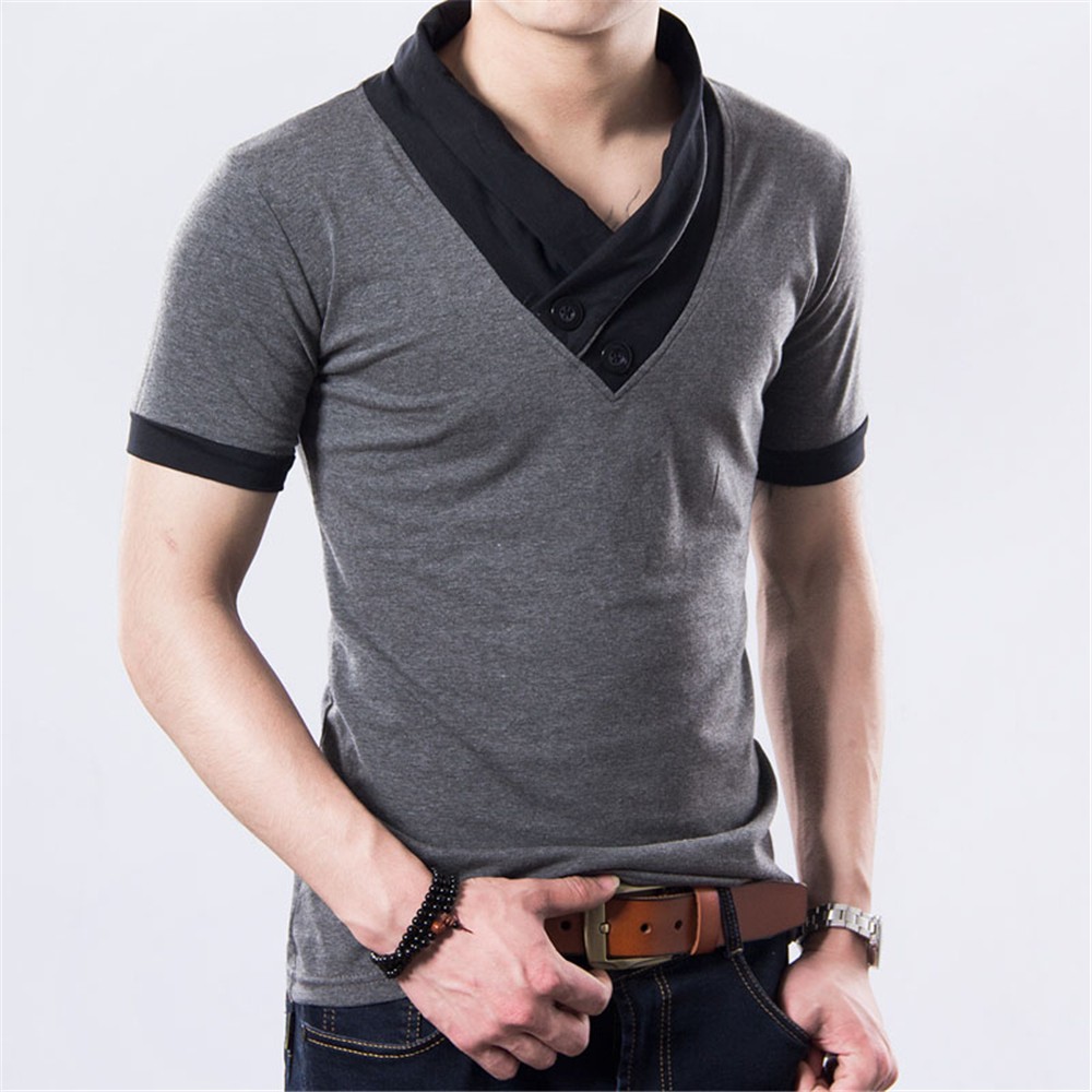 2021 High quality Plus Size Summer Mens T-Shirts Fashion Slim Short Sleeve Patchwork V Neck Cotton Men Black T-Shirt