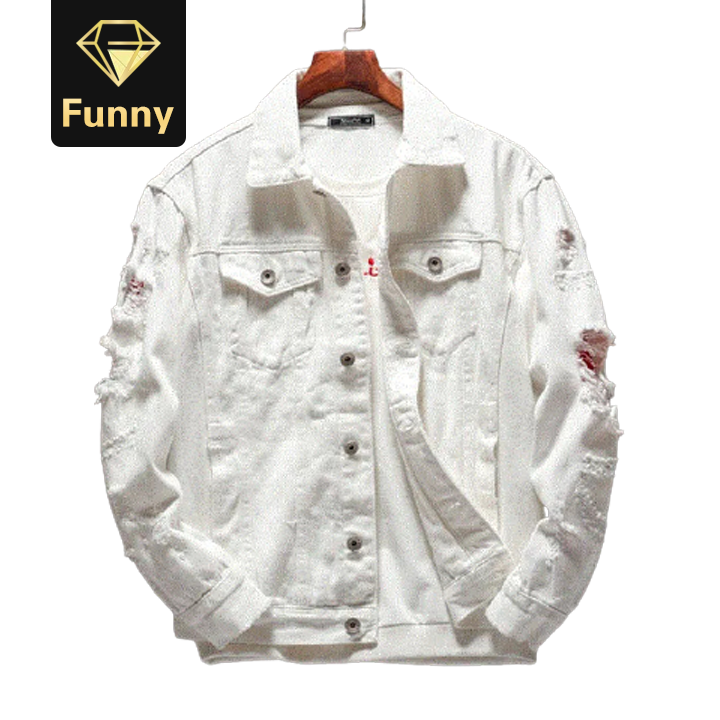2021 High quality Spring autumn New Men's Jean Jacket Slim Fit Cotton Denim Jacket White Ripped Hole Jean Coats