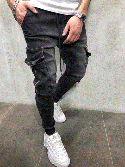 2021 High quality Men Stretchy Multi-pocket Skinny Jeans men pocket zipper pencil Pants  fashion jeans Casual Trousers