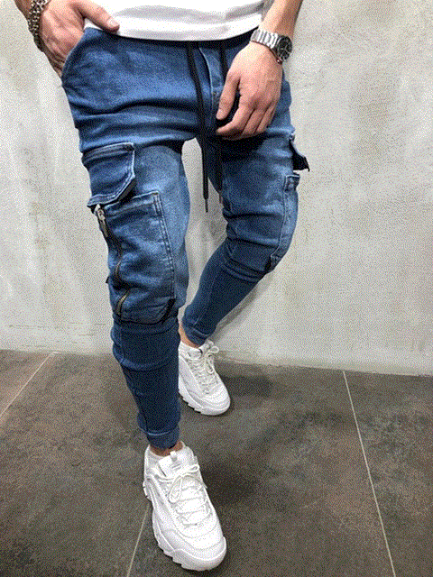 2021 High quality Men Stretchy Multi-pocket Skinny Jeans men pocket zipper pencil Pants  fashion jeans Casual Trousers