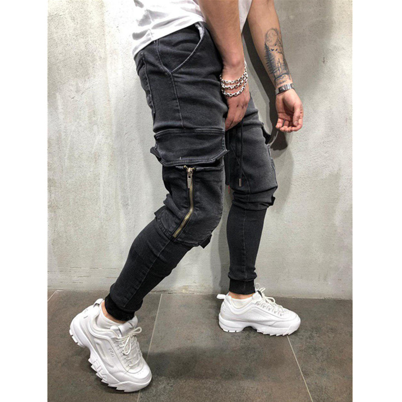 2021 High quality Men Stretchy Multi-pocket Skinny Jeans men pocket zipper pencil Pants  fashion jeans Casual Trousers