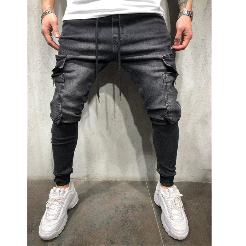 2021 High quality Men Stretchy Multi-pocket Skinny Jeans men pocket zipper pencil Pants  fashion jeans Casual Trousers