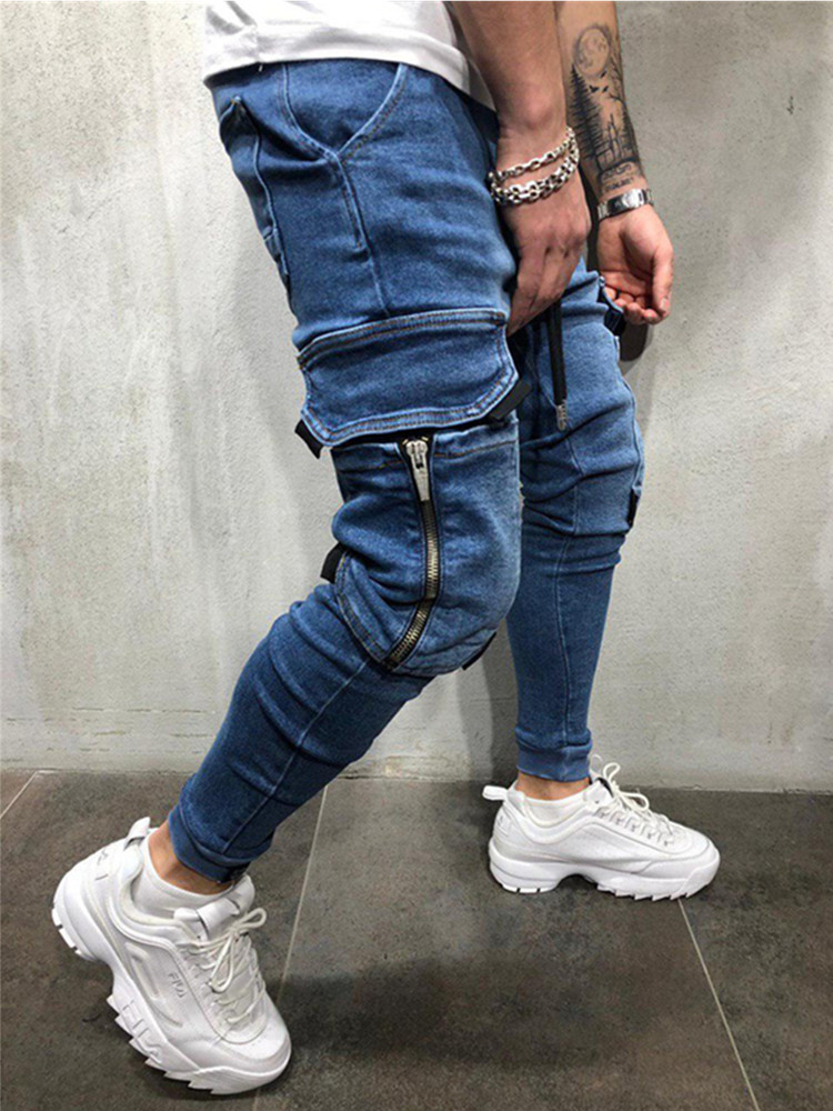 2021 High quality Men Stretchy Multi-pocket Skinny Jeans men pocket zipper pencil Pants  fashion jeans Casual Trousers