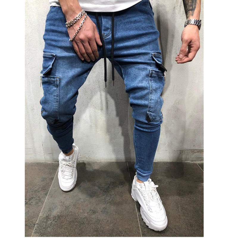 2021 High quality Men Stretchy Multi-pocket Skinny Jeans men pocket zipper pencil Pants  fashion jeans Casual Trousers