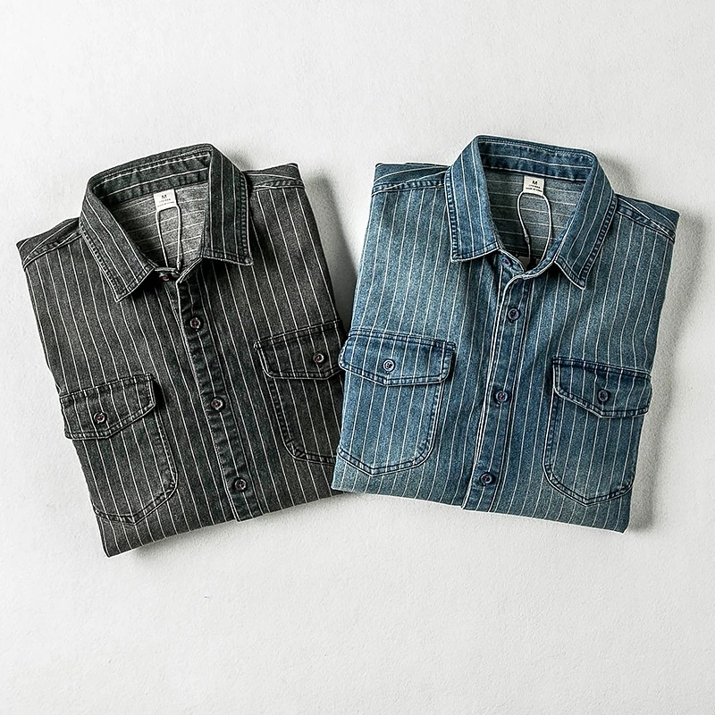 2021 High quality Men Denim Shirt Spring Autumn Long Sleeve Male Striped Fashion Pockets Men Jean Casual Cowboy Shirts