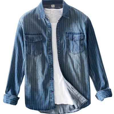2021 High quality Men Denim Shirt Spring Autumn Long Sleeve Male Striped Fashion Pockets Men Jean Casual Cowboy Shirts