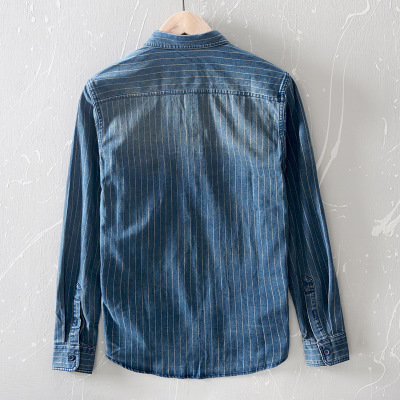 2021 High quality Men Denim Shirt Spring Autumn Long Sleeve Male Striped Fashion Pockets Men Jean Casual Cowboy Shirts