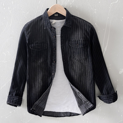 2021 High quality Men Denim Shirt Spring Autumn Long Sleeve Male Striped Fashion Pockets Men Jean Casual Cowboy Shirts