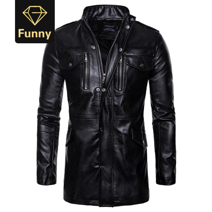 2021 High quality Men's Mid Long Leather Jacket Male Windbreaker Outwear Over Size M-5XL