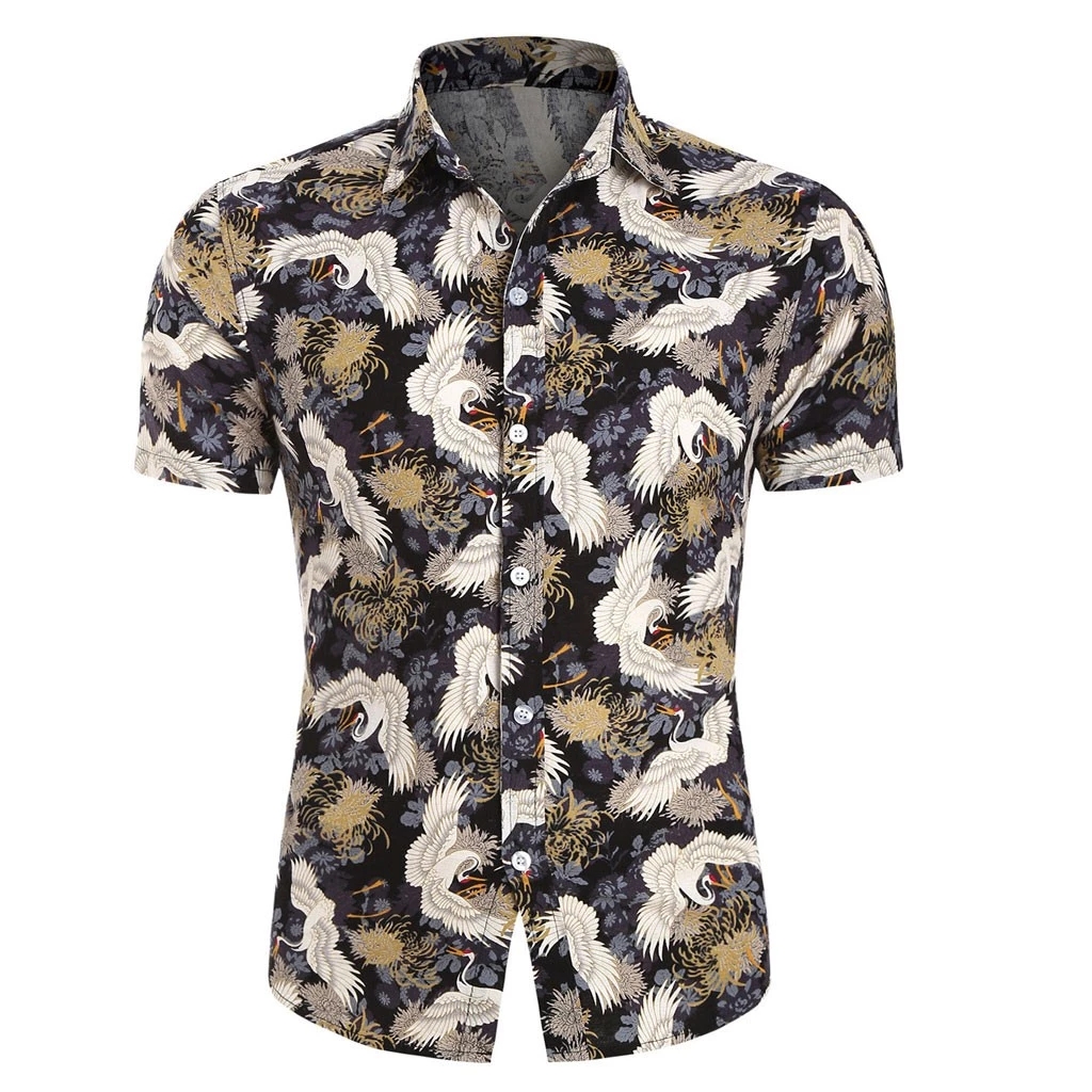 2021 High quality Summer Men Shirt Hawaii Printed Splicing Pattern Casual Lapel Short Sleeve Shirt Streetwear Clothing