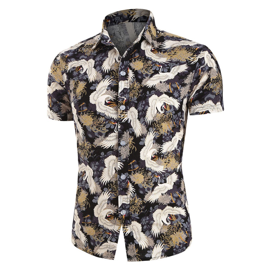 2021 High quality Summer Men Shirt Hawaii Printed Splicing Pattern Casual Lapel Short Sleeve Shirt Streetwear Clothing