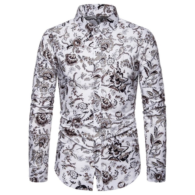 2021 High quality Men Summer Slim Loose Hawaii Long Sleeve Printed Turn-down Collar Shirt Tops plus size