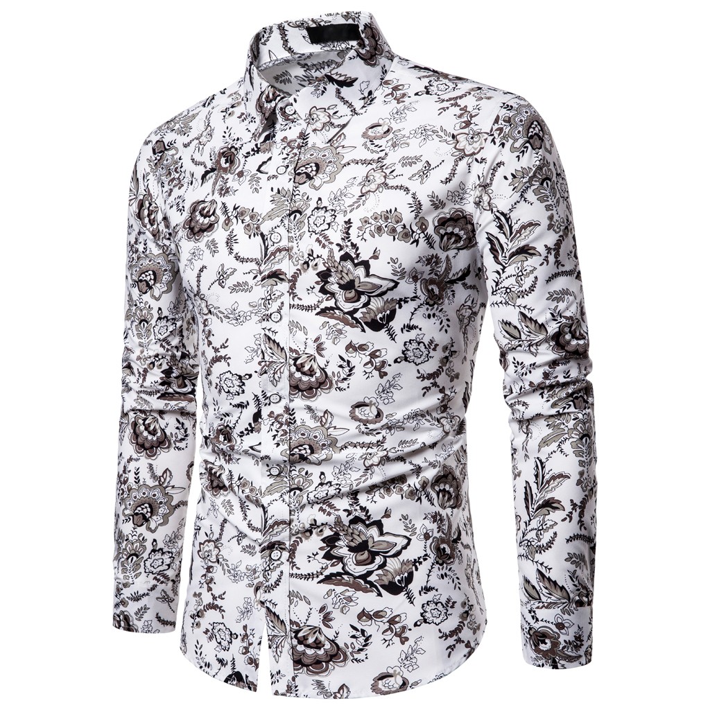 2021 High quality Men Summer Slim Loose Hawaii Long Sleeve Printed Turn-down Collar Shirt Tops plus size